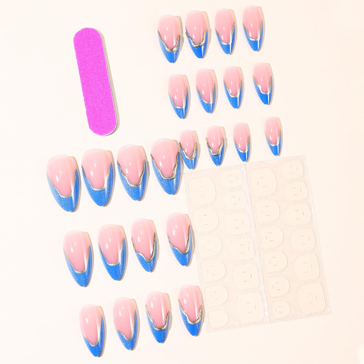 Blue French Tip Press on Nails Medium Almond Cat Eyes Fake Nails with Gold Curve Line Designs Blue False Nails Acrylic Artificial Spring Summer Stick on Nails for Women DIY French Manicure Kit