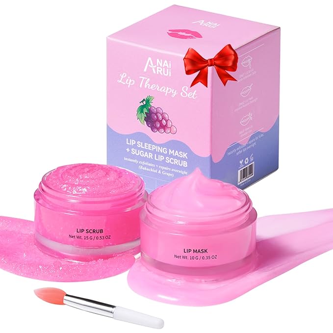 ANAI RUI Lip Therapy Set - Scrub & Mask, Overnight Hydrating Moisturizer With Exfoliator and Sleeping Mask for Plumping - Gift Kit for Dry, Chapped, Dark Lips, Grape