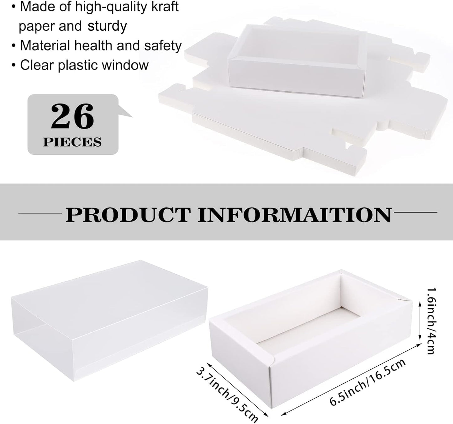 26 PCS Rectangle Drawer Kraft Boxes Small Cardboard Present Packaging Boxes for Party Favor Treats, Candy and Jewelry Crafts, 6.5 x 3.7 x 1.6 inch (Clear,White)