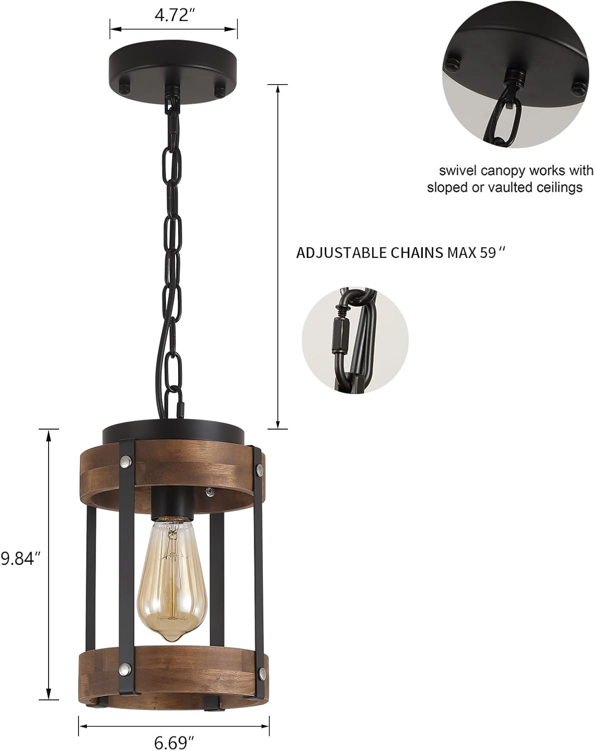 2 Pack Rustic Farmhouse Wood Pendant Light Fixture One-Light Adjustable Chain Oak Wood and Metal Drum Cage Small Pendant Lighting for Kitchen Island Sink Hallway Farmhouse Bathroom Bar, Black