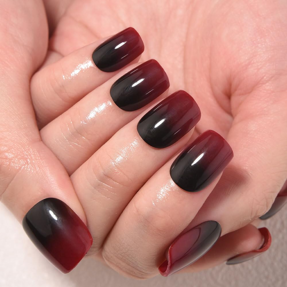 evpct Ombre Black to Red Press on Nails Extra Short, Petite Short Square Glossy Stick on Nails for Women Gift with Manicure Kit, Reusable Soft Gel Stick on Fake Nail with Ombre Designs Perfectly Fit