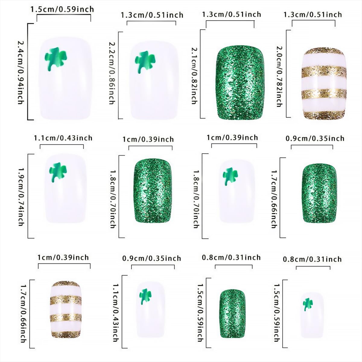 24Pcs St. Patrick's Day Press on Nails Short Square Fake Nails Gold Glitter Line Design Green Shamrock False Nails White Full Cover Artificial Glue on Nails Irish Stick on Nails for Women DIY Manicure