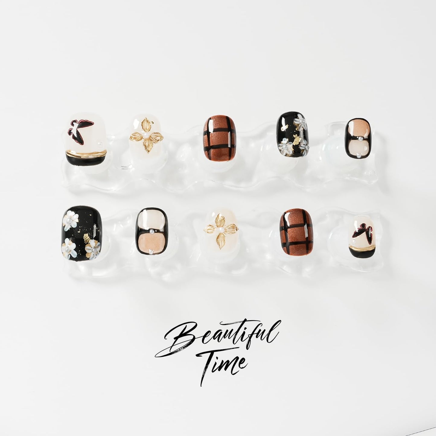 Tesytto 3D Gold Butterfly Press on Nails Short Square - Handmade Flower & Pearl Design, Black Plaid Glossy Reusable False Nails (Vintage Black Gold,L)