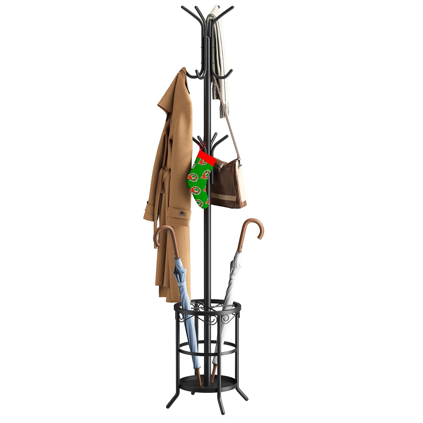 FILWH Coat Rack Freestanding with Umbrella Stand Coat Rack Stand with 12 Hooks Metal Coat Tree Coat and Hat Hanger Jacket Entryway(Black)