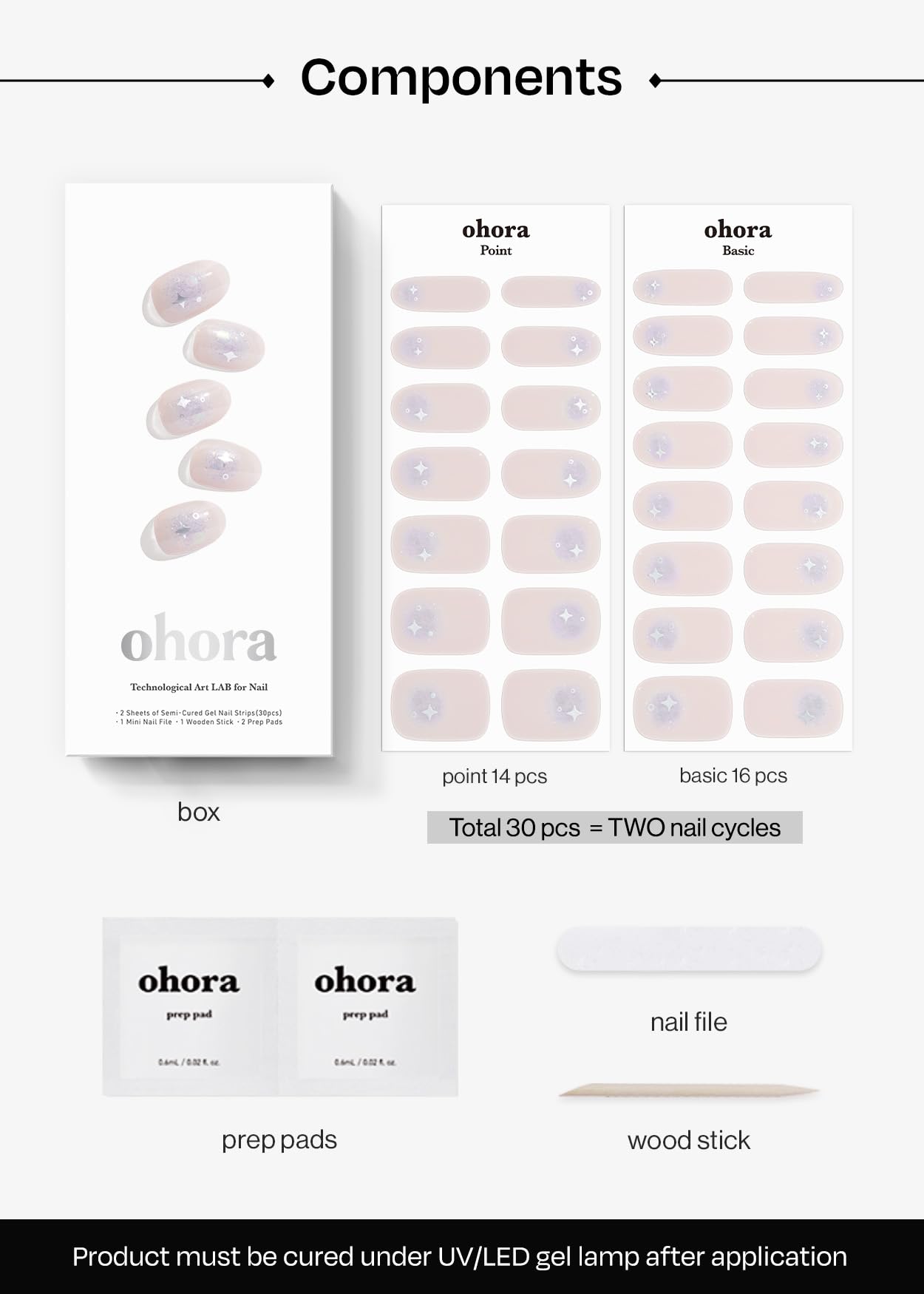 ohora Semi Cured Gel Nail Strips (N Faerie Snow) - Works with Any Lamps, Salon-Quality, Long Lasting, Easy to Apply & Remove - Includes 2 Prep Pads, Nail File & Wooden Stick