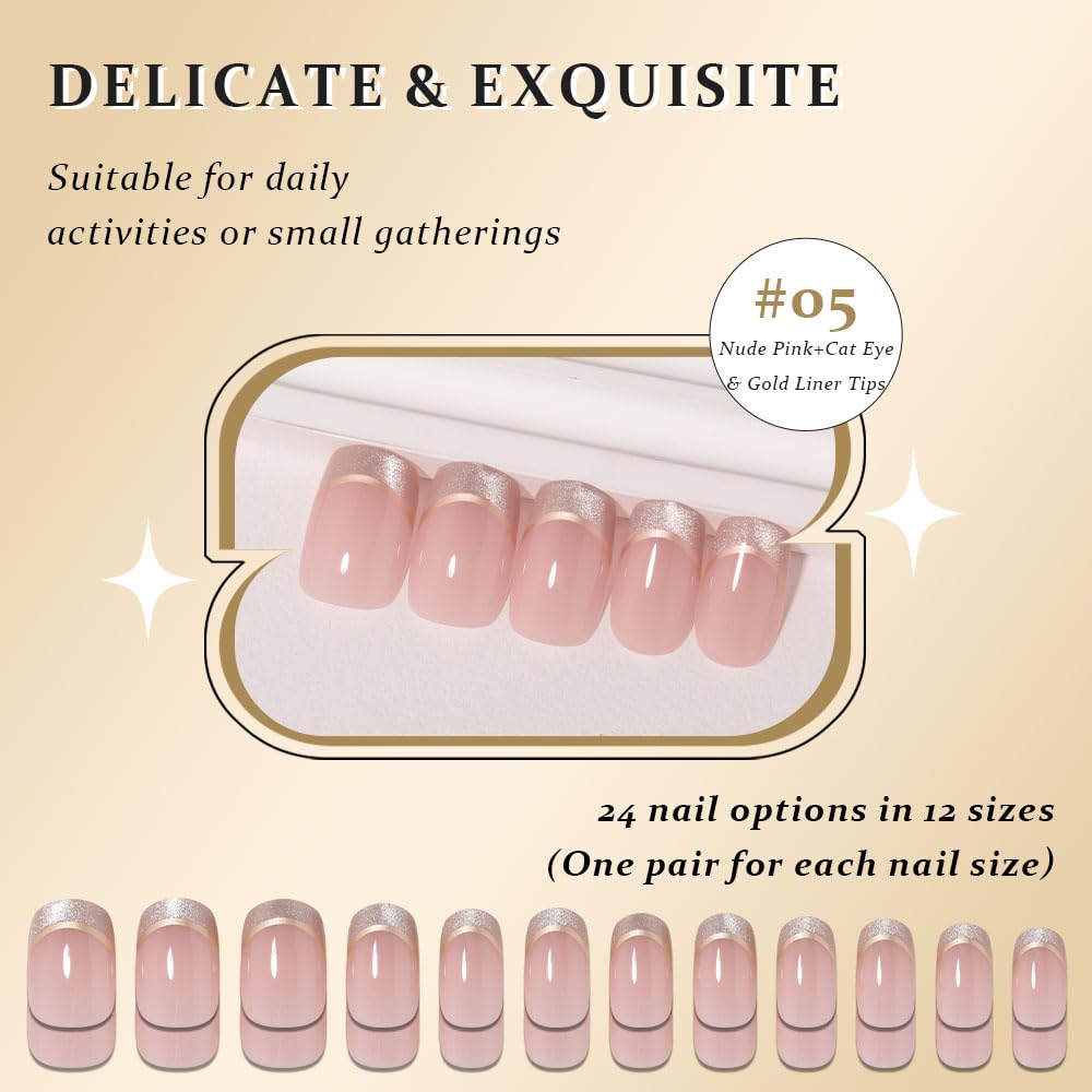 evpct French Tip Press On Nails Medium Squoval No Glue, Nude Pink Gold Line&Cat Eye Tips, Medium Squoval Fake False Press on Nails, Soft Stick on nail Press ons with Nail Kit, Reusable Salon-quality