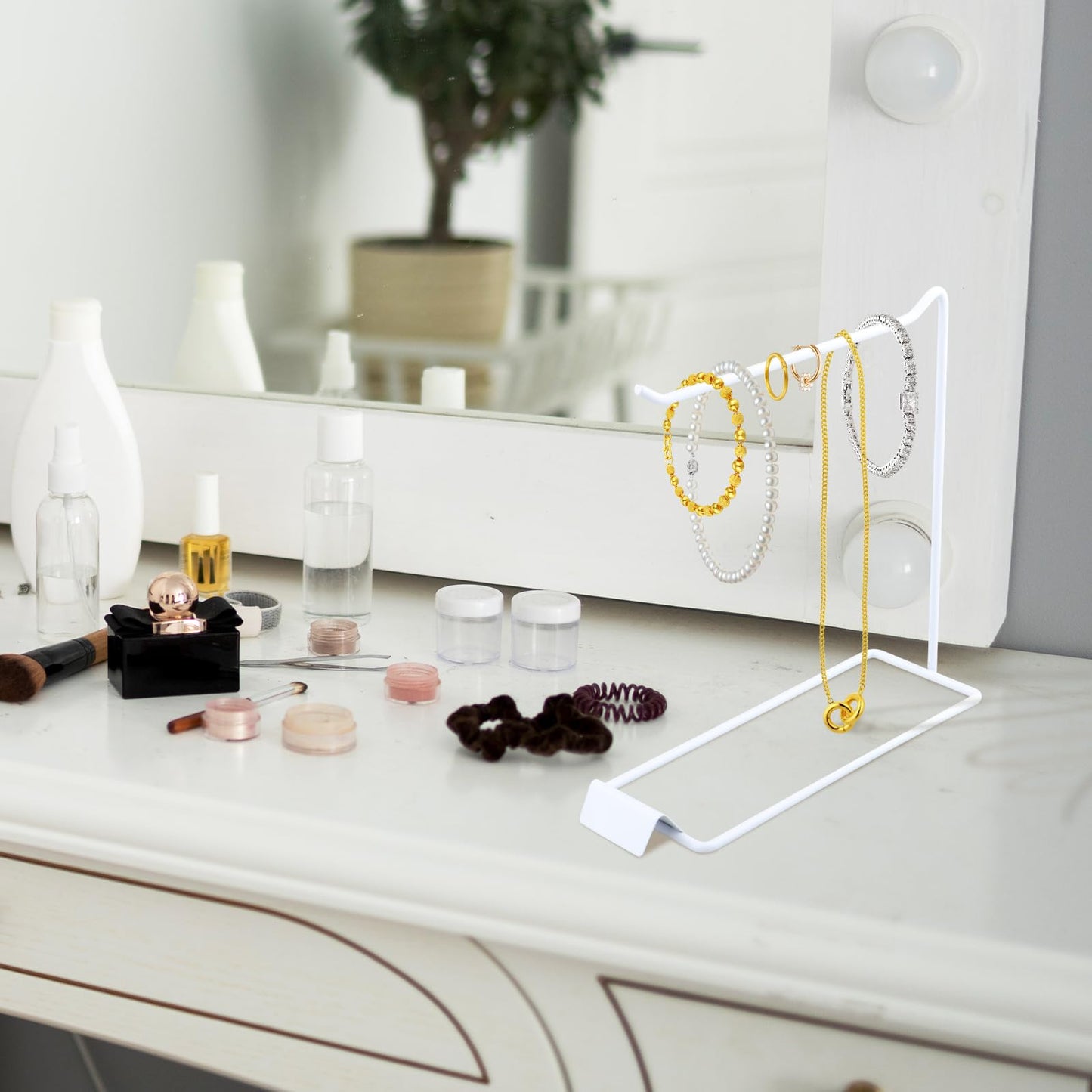 Colaxi Tabletop Free Standing Jewelry Organizer Holder Stand, Modern Metal Hanger Rack Display for Ear Hooks Trinket Keychains Necklace Dresser, 1 Row White