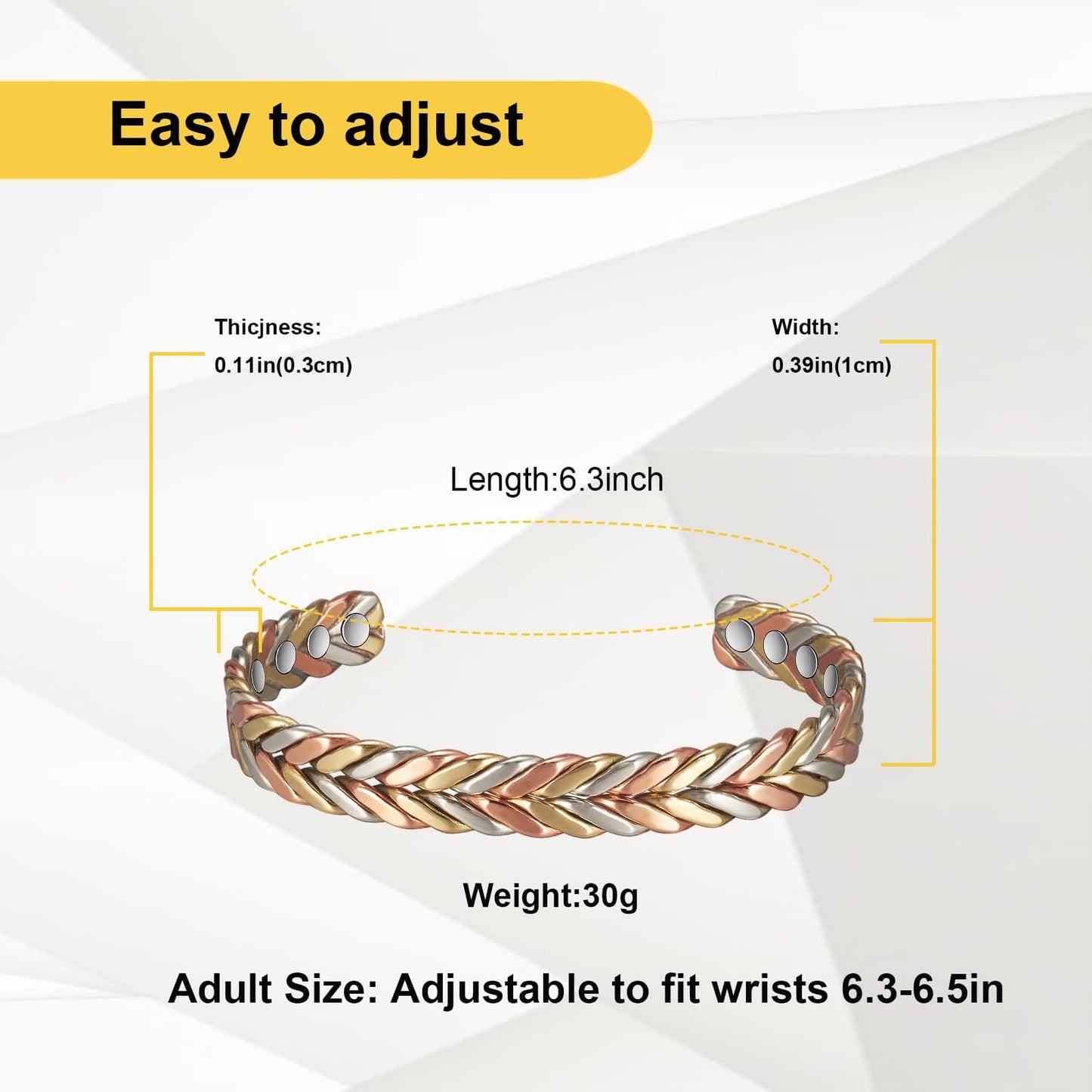 EnerMagiX Copper Bracelets for Women, 99% Pure Adjustable Tricolor Gold Braided Bracelet, Copper Jewelry Gift (0932)