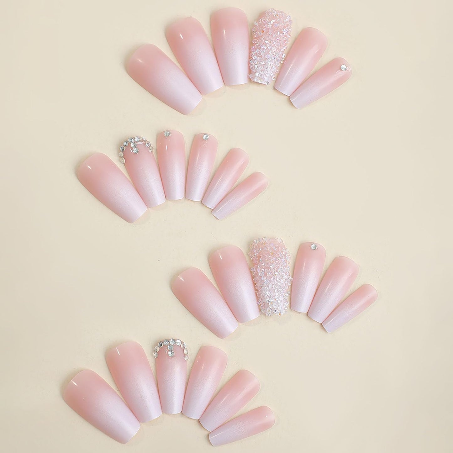 Coffin Press on Nails Medium Fake Nails with Rhinestones Gradient Designs Full Cover Nails Press ons Glossy Glue on Nails Pink Acrylic Nails White False Nails Cute Stick on Nails Women 24Pcs
