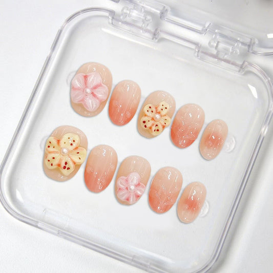 Extra Short Almond Press on Nails Gradient Fake Nails Full Cover Handmade Press on Nails Luxury 3D Flower Pearl Embossed Acrylic Nails Designs Muti-Layer Gel Stick on Nails for Women's Nails Kit (S)
