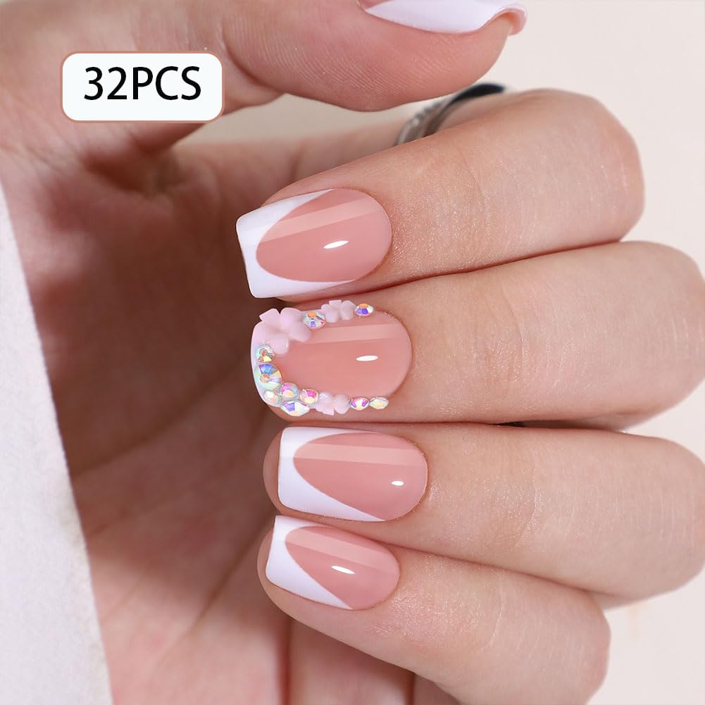 WAFOLOZE White French Tip Press On Nails - Short Square Fake Nails With Rhinestone & Flower Designs, 16 Sizes - 32pc False Nails Tips Kit, Stick On Nails