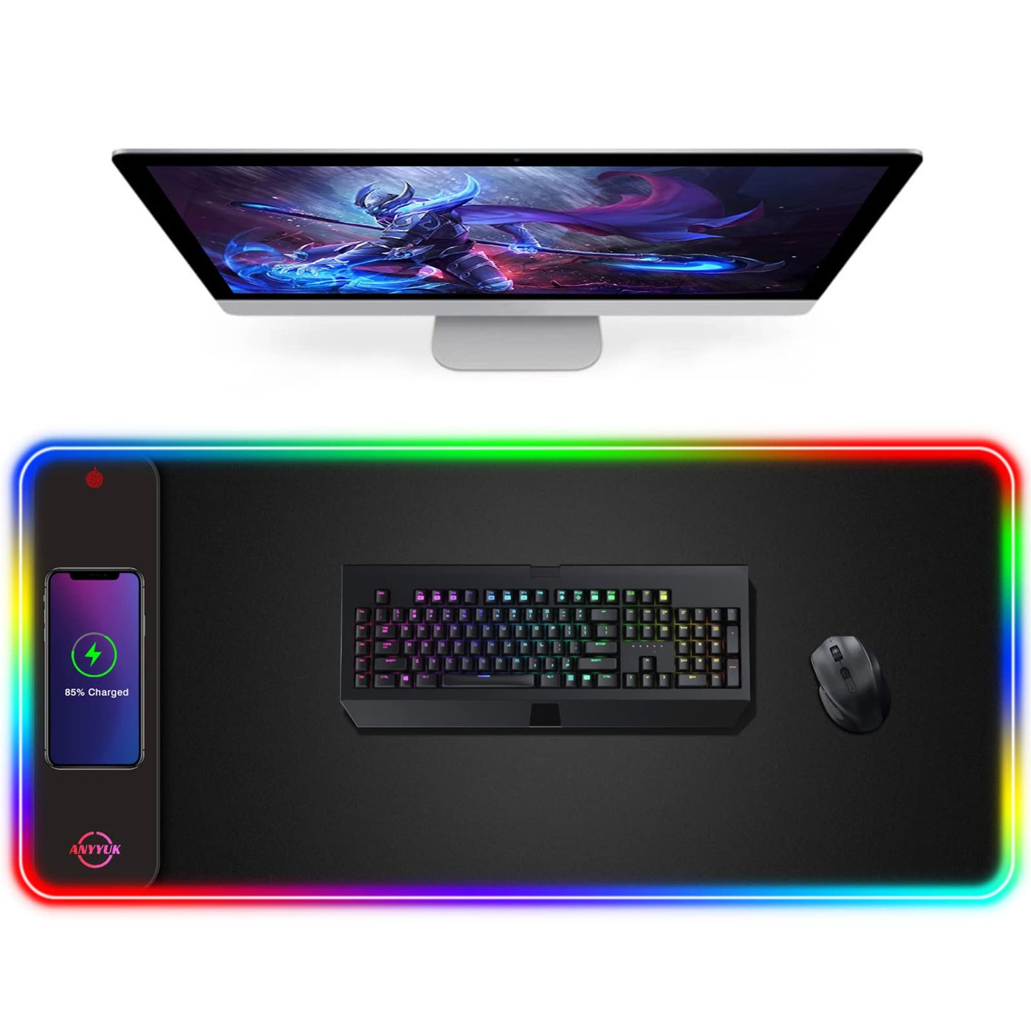RGB LED Mouse Pad with 15W Wireless Charger Gaming Mouse Pad with 10 Light Modes, Extra Large Mousepad Non-Slip Rubber Base Computer Keyboard Mat for Men