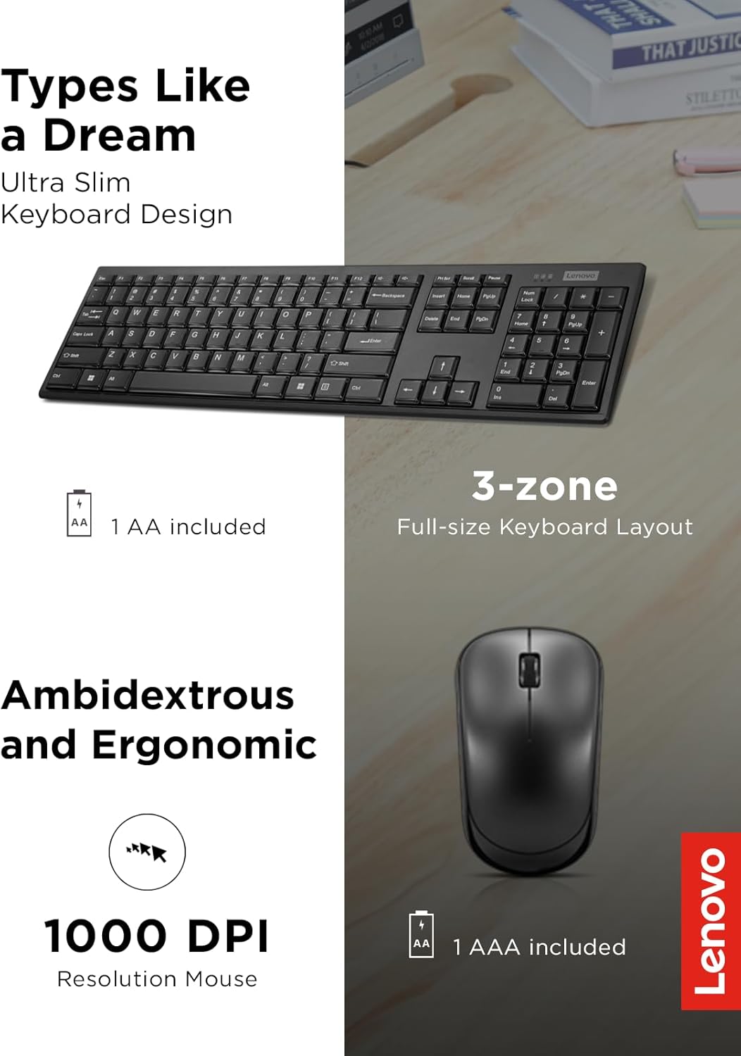Lenovo 100 Wireless Keyboard and Mouse Combo – Cordless Set with Spill Resistant Quiet Keys – 3-Zone Keyboard - Ambidextrous Mouse – Compact Design – Wireless USB -Black
