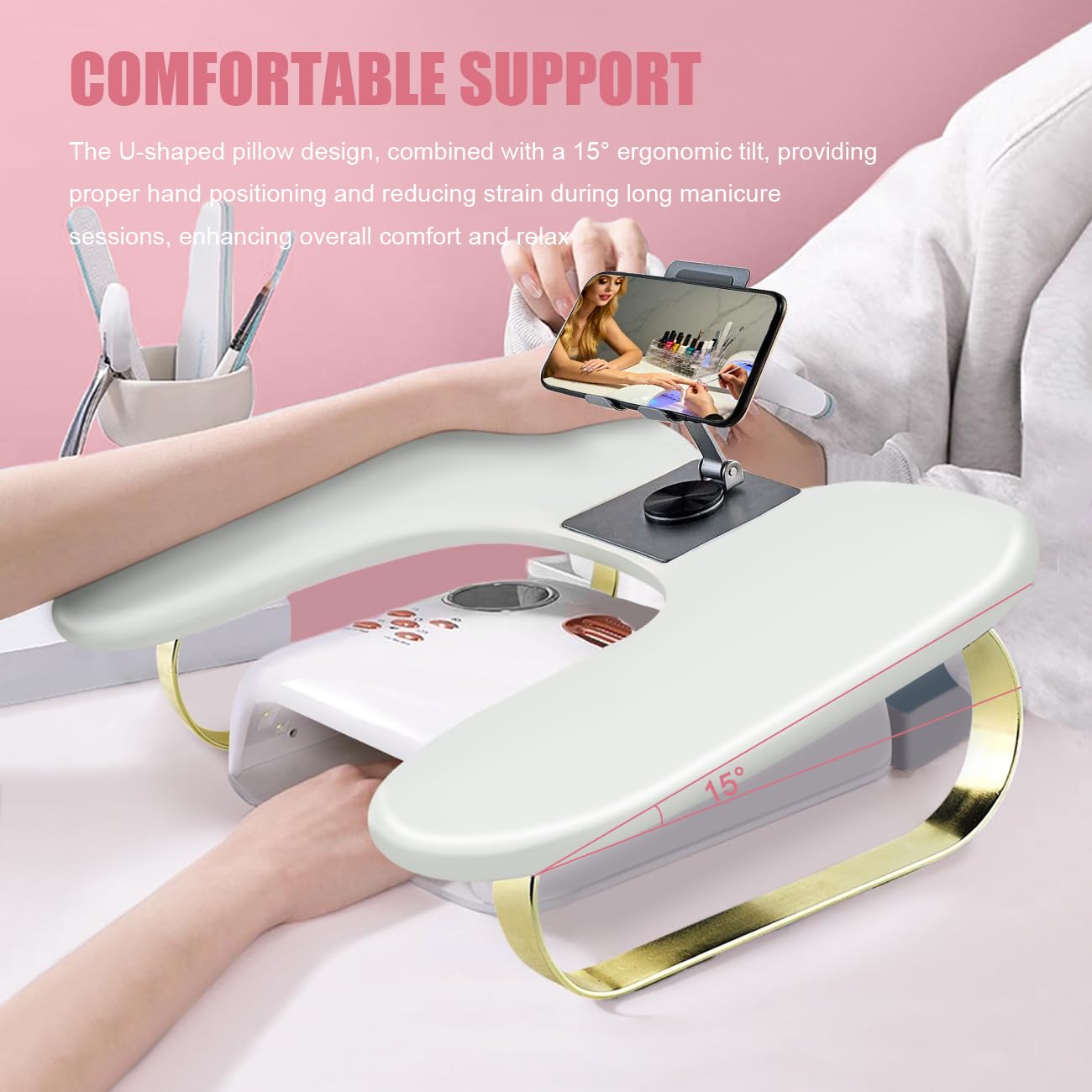 EHERDM Arm Rest for Nails Tech U-Shaped Hand Pillow with Rotating Adjustable Phone Holder Soft Comfortable Hands Cushion Manicure Tool for Home and Art Nail Salon