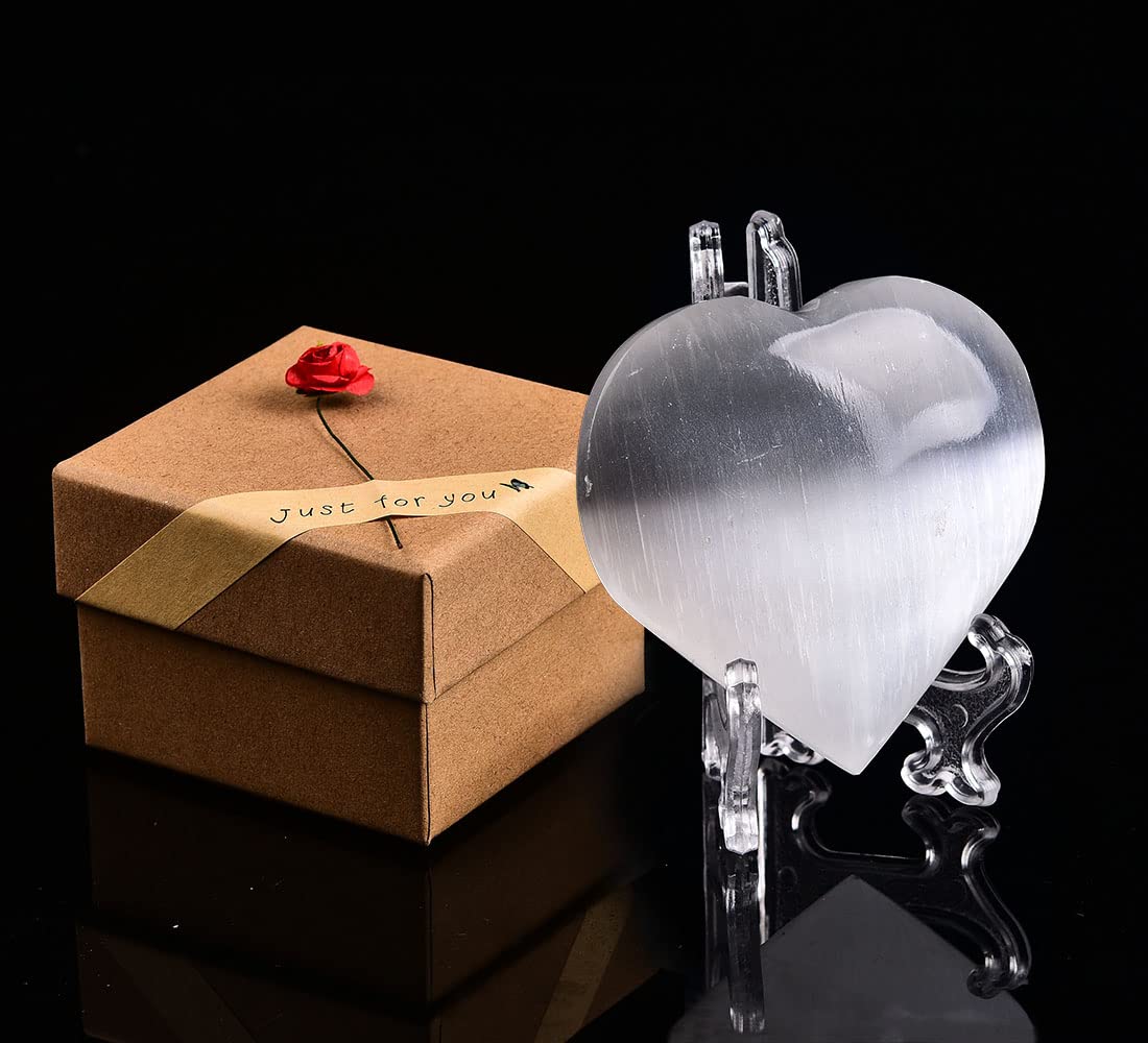 JIC Gem Selenite Heart 2 Inch(60mm) Love Palm Worry Stone Crystals and Healing Stones with Free Display Holder and Gift Box Home Decoration