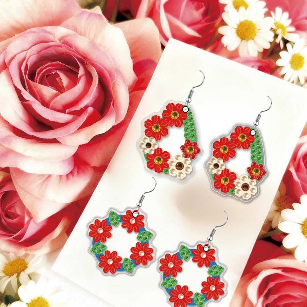 BEUNITONE Floral Wreath Diamond Art Earring Making Kits, Blossom and Leaf Design Crystal Art Earrings Romantic Style Jewellery Making Kits for Women Birthdays Holiday Gift