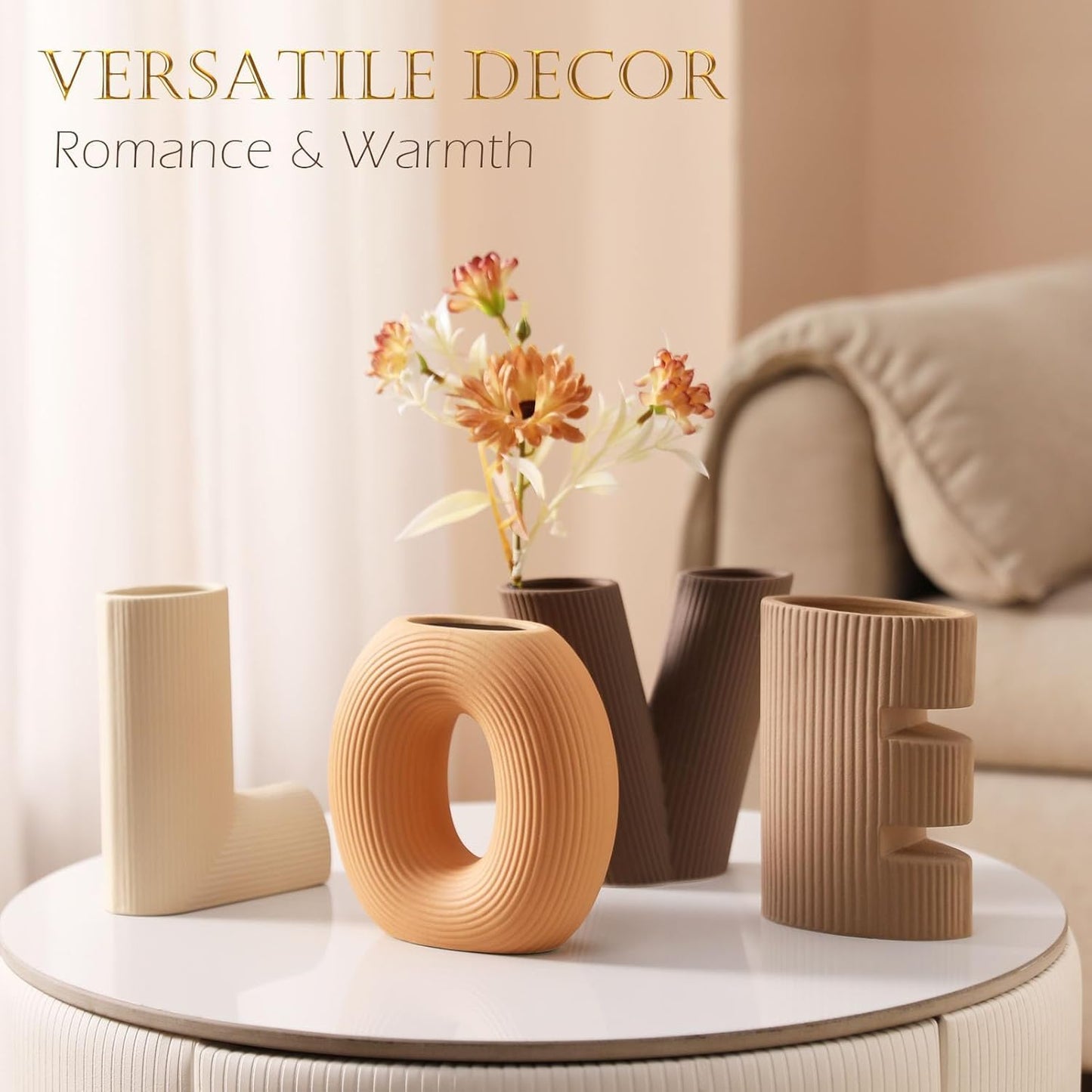 KingZiYu Modern Ceramic Vase Set of 4, Love Letter Shaped Decorative Vases, Neutral Boho Home Decor for Table Centerpiece, Living Room, Bedroom, Wedding, Gift (Khaki, Dark Brown, Orange, Beige)