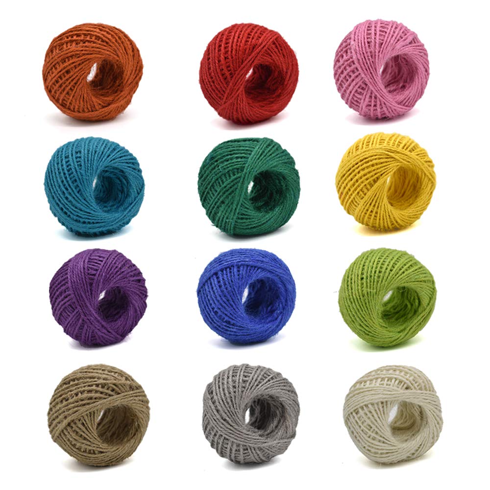Jute Twine 12 Pack 3 Ply 12 Colors for Artworks and Gift Wrapping String Crafts Gift Twine 33 Yards per Roll