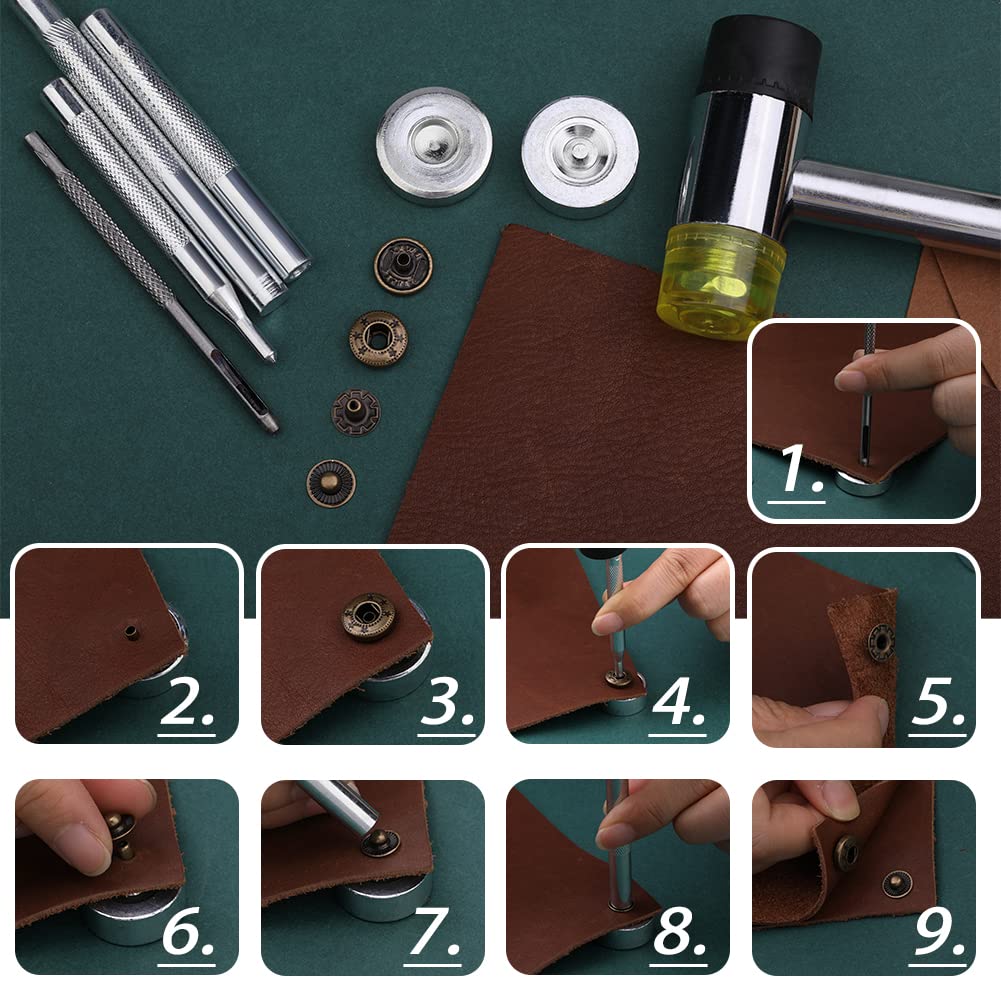 Yizzvb 320 Pcs Leather Rivets Kit, 60 Pcs Leather Snap Fasteners, 2 Size Double Cap Rivets Tubular, Double-Sided Nylon Hammer Fixing Tool Kit, Installation Tools for DIY Projects, Shoes and Repair