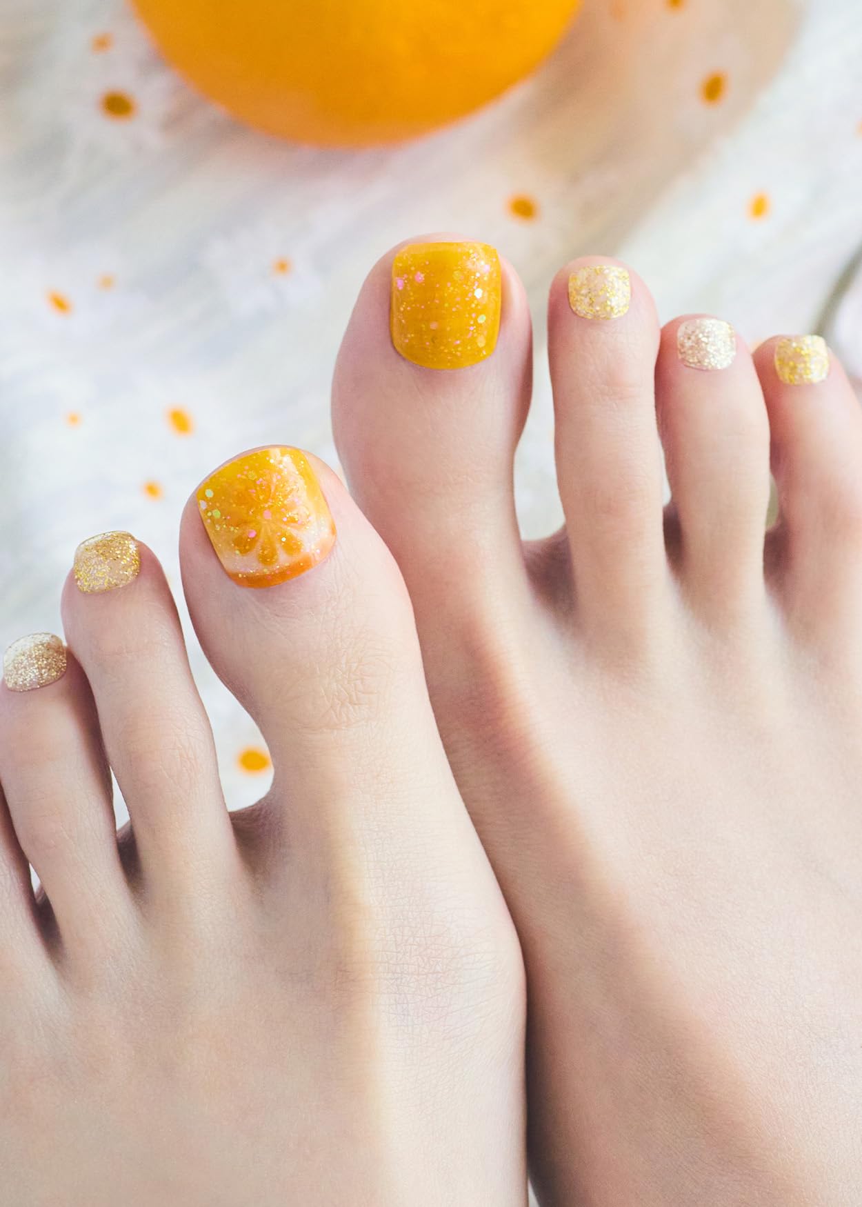 ohora Semi Cured Gel Pedi Strips (P Orange Splash) - Works with Any Nail Lamps, Salon-Quality, Long Lasting, Easy to Apply & Remove - Includes 2 Prep Pads, Nail File & Wooden Stick