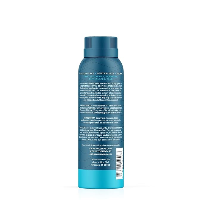 Oars + Alps Spray Deodorant for Men and Women, Aluminum Free Deodorant and Full Body Spray, Fresh Ocean Splash, 3 Pack