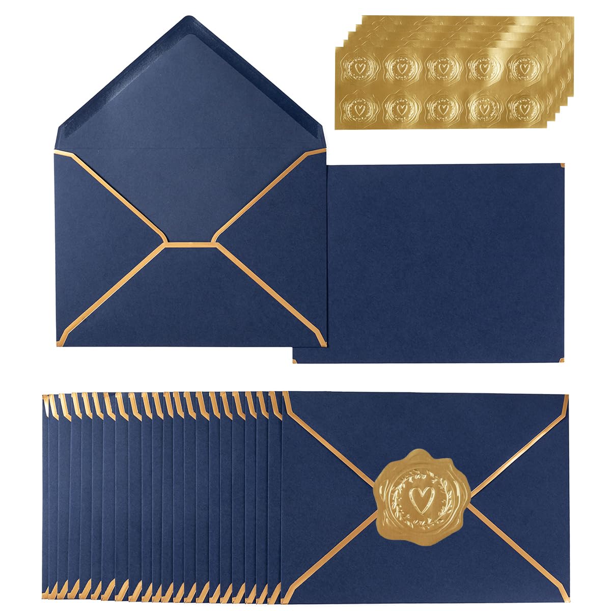 100 Pack Navy Blue A7 Envelopes 5 x 7 Card Envelopes V Flap with Gold Border for Office, Wedding Gift Cards, Invitations, Graduation, Baby Shower, Parties (5.32 x 7.28 Inches, Navy Blue)