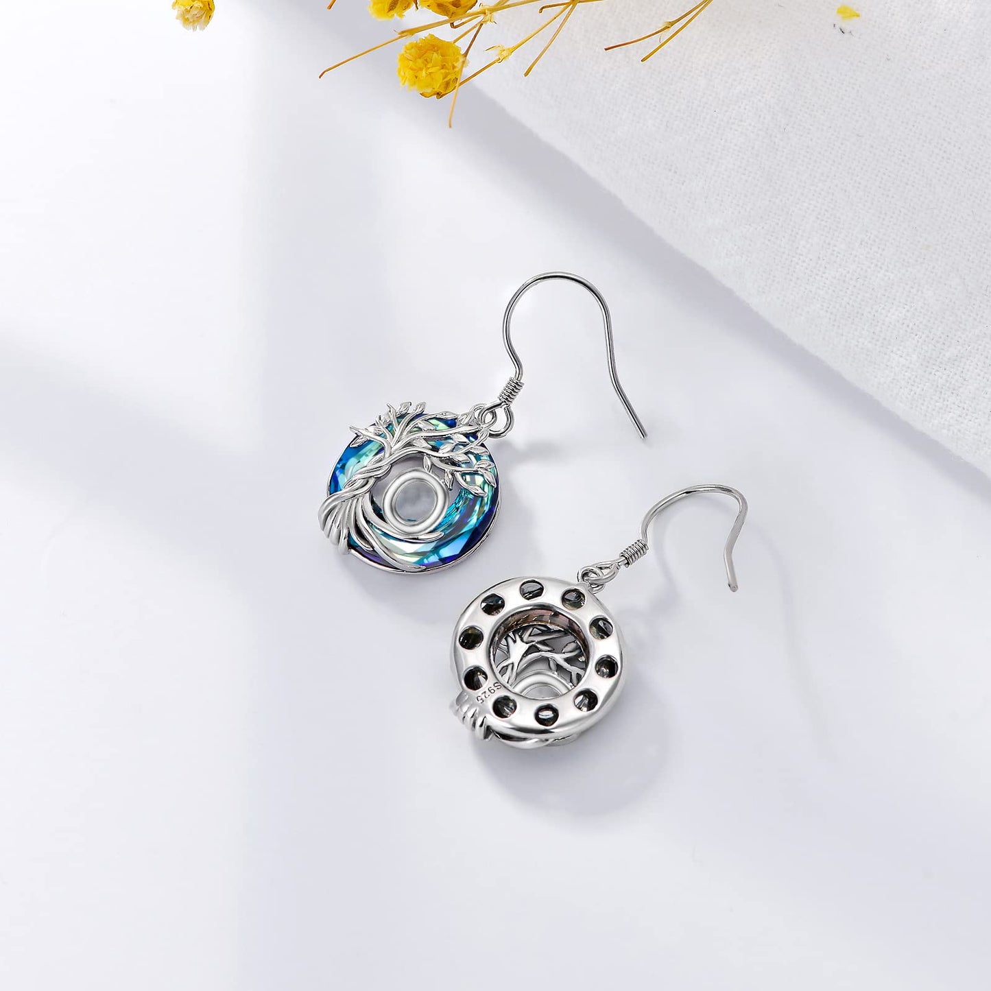 TOUPOP Tree of Life Initial Earrings Sterling Silver Initial O Letter Drop Dangle Earrings Blue Circle Crystal Family Tree Jewelry Birthday Mothers Day Gifts for Women Mom Her