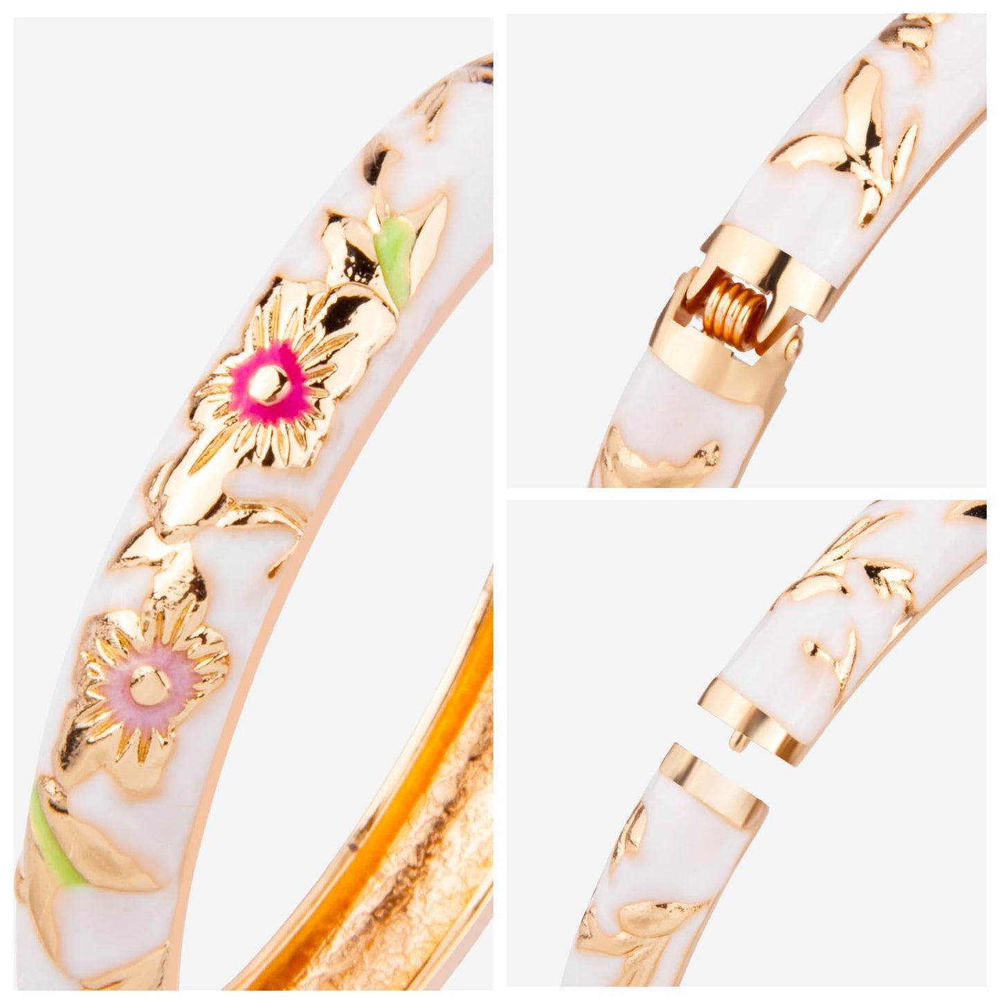 UJOY Flowers Bracelet Multi-Colors Cloisonne Wedding Jewelry Gift Women Enameled Bangles Opening Hinged 55A103 White