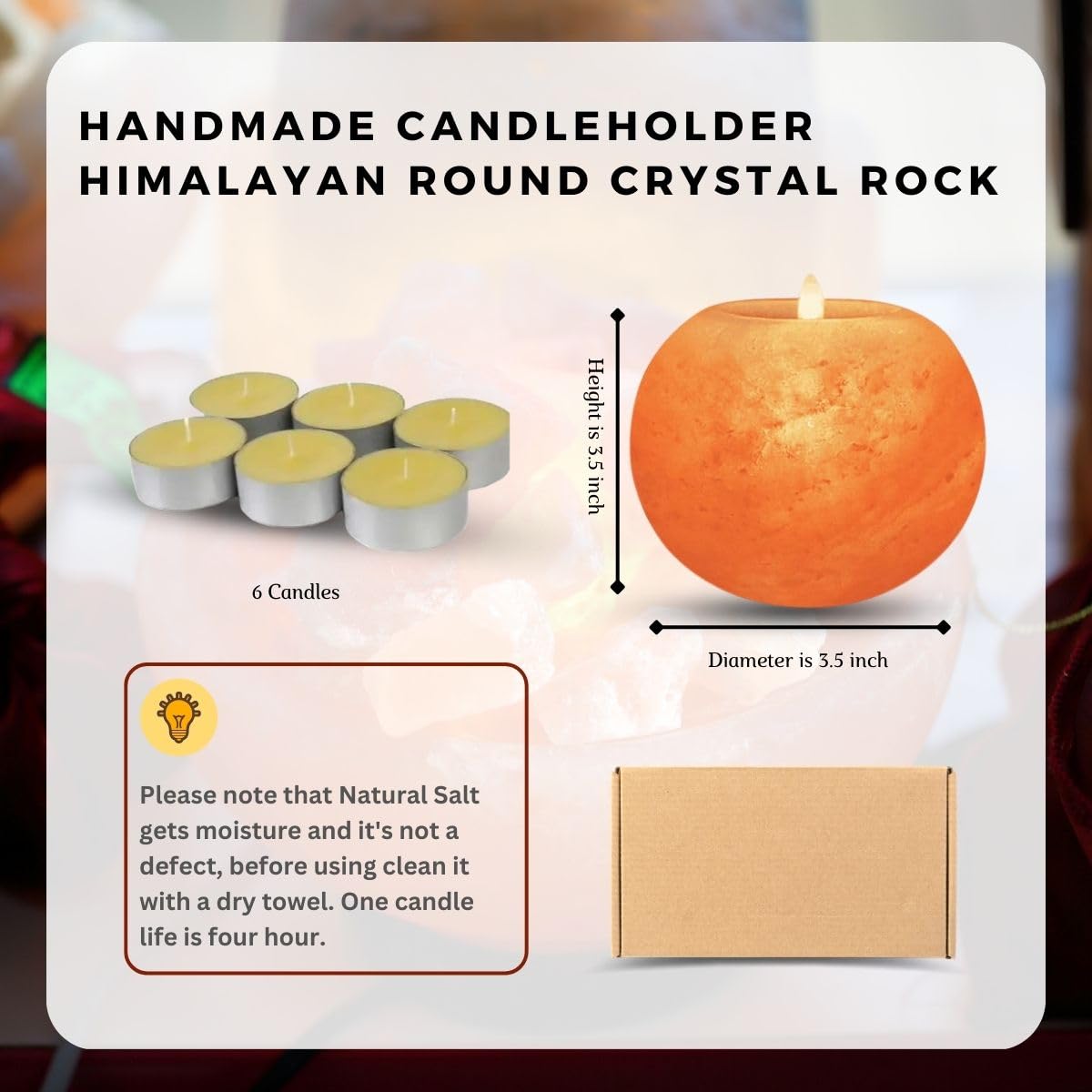 Himalayan Salt Candle Holder Monroe with 6 Tealight Candles - Natural Crystal Salt Stone Holder for Home Décor - in Gift Box.