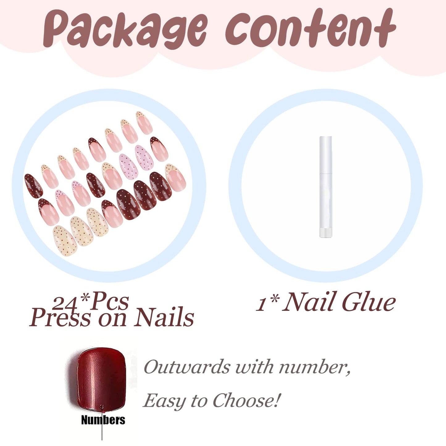 BABALAL Acrylic Press on Nails Short Almond Fake nails, Polka Dot, Brown Pink French Tip, Fall, Trendy, 24Pcs Glossy Full Cover Manicure False Nails with Glue