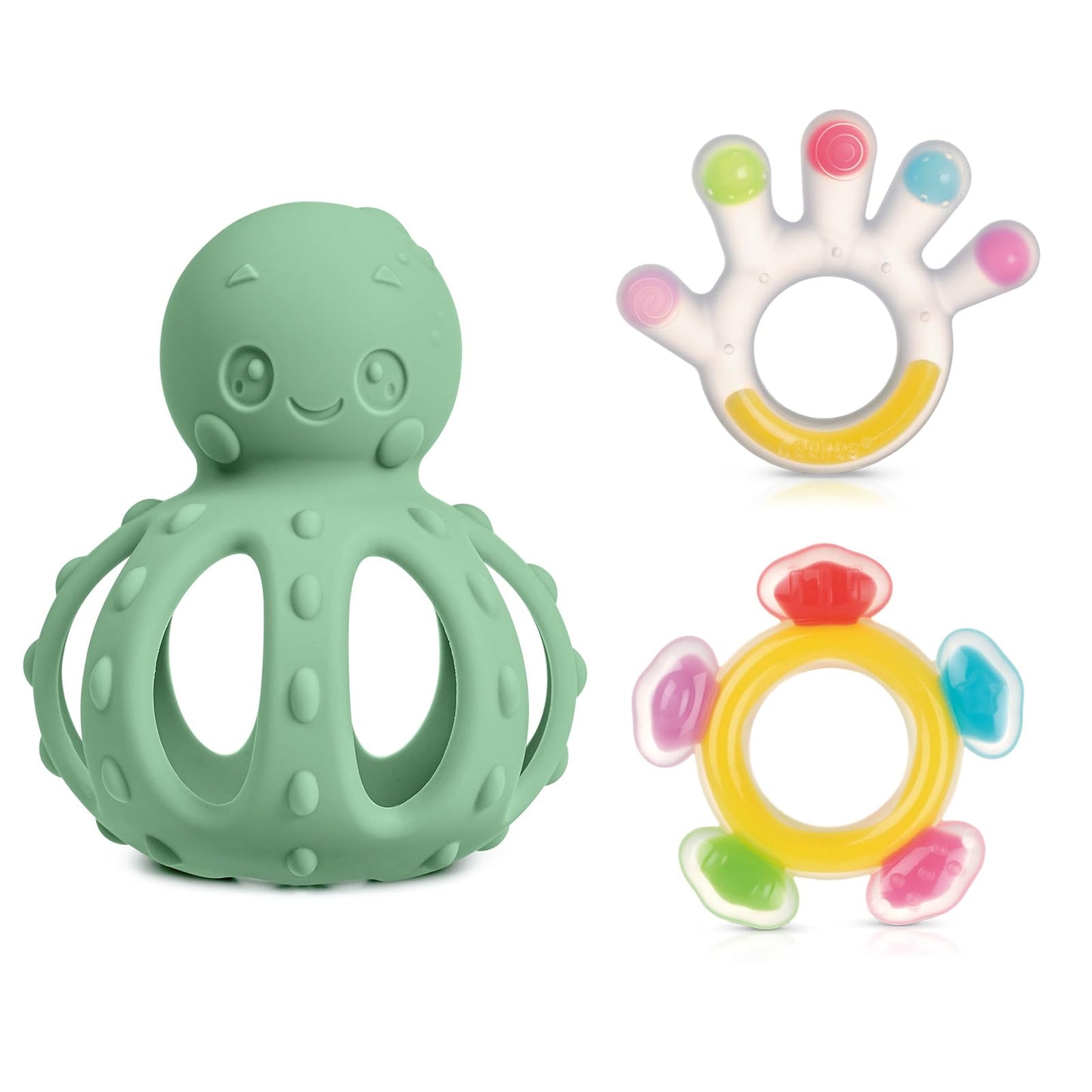 Haakaa Silicone Teether Combo&Octopus Rattle Teether-Baby Freezer Teething Toy - Soft Cold Teether - Soothe Teething Pain & Itching Gums - Perfect Size-in-1 Baby Teething Toy with Gentle Rattle
