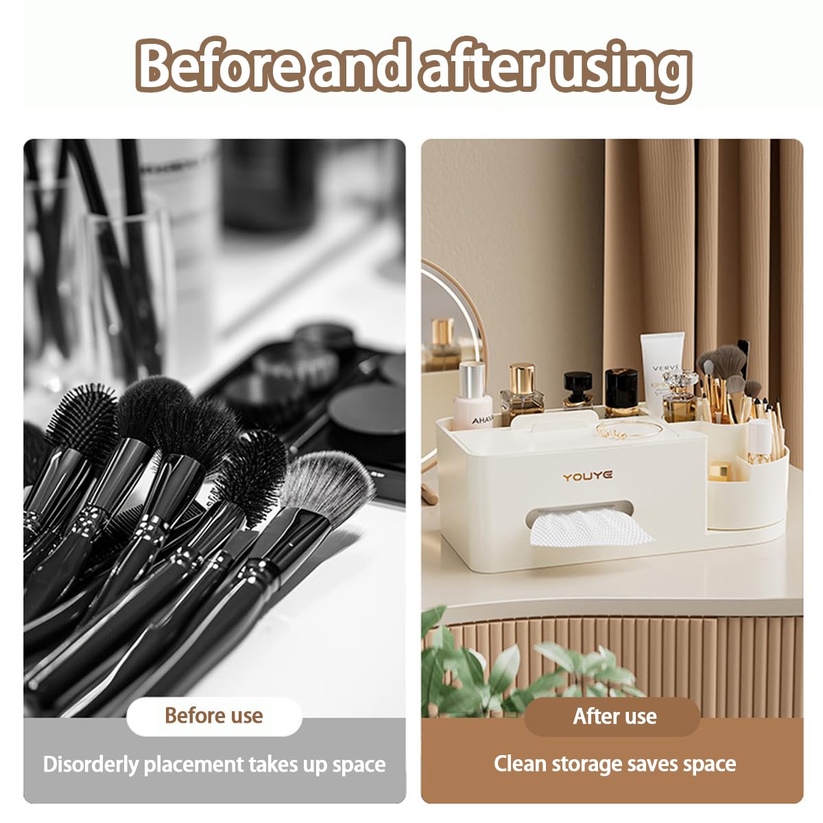 Aiabaleaft Multifunctional Organizer Rotating Brush Holder Makeup Organizer With Tissue Box for Study Table Living Room Dressers Home Office (Gray)