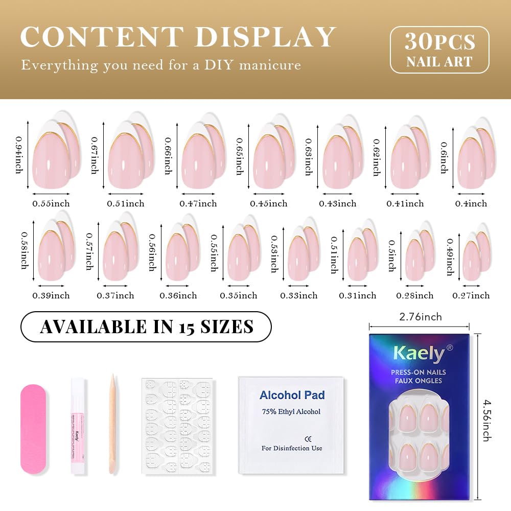evpct French Tip Press On Nails Almond Medium, Nude Pink + Gold Line & Wihte Tips, Medium Almond Fake False Press on Nails, Soft Gel Stick on nail Press ons with Nail Kit, Reusable Salon Quality
