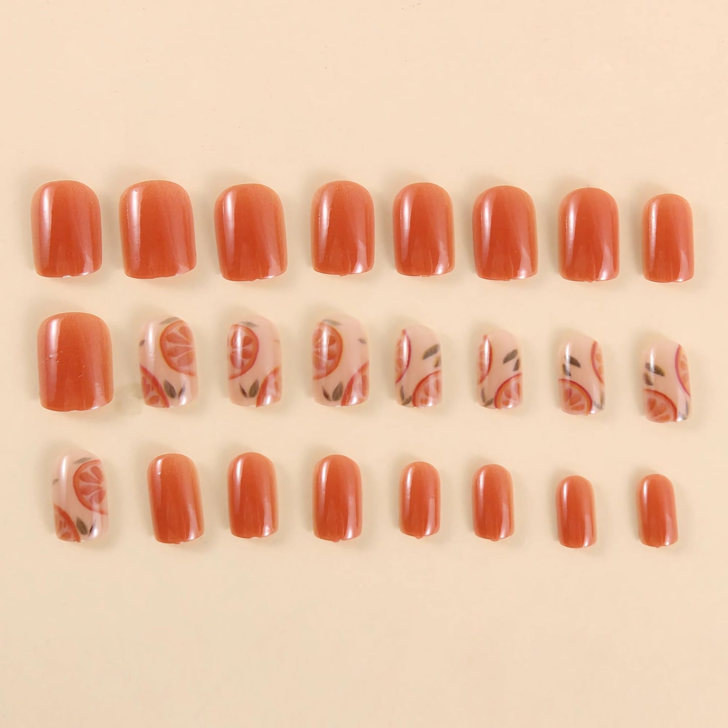 BABALAL Press On Nails, Short Square Fake Nails, Orange Summer, Fruit Pattern,Glossy Full Cover Glue On Nails For Women And Girls 24Pcs