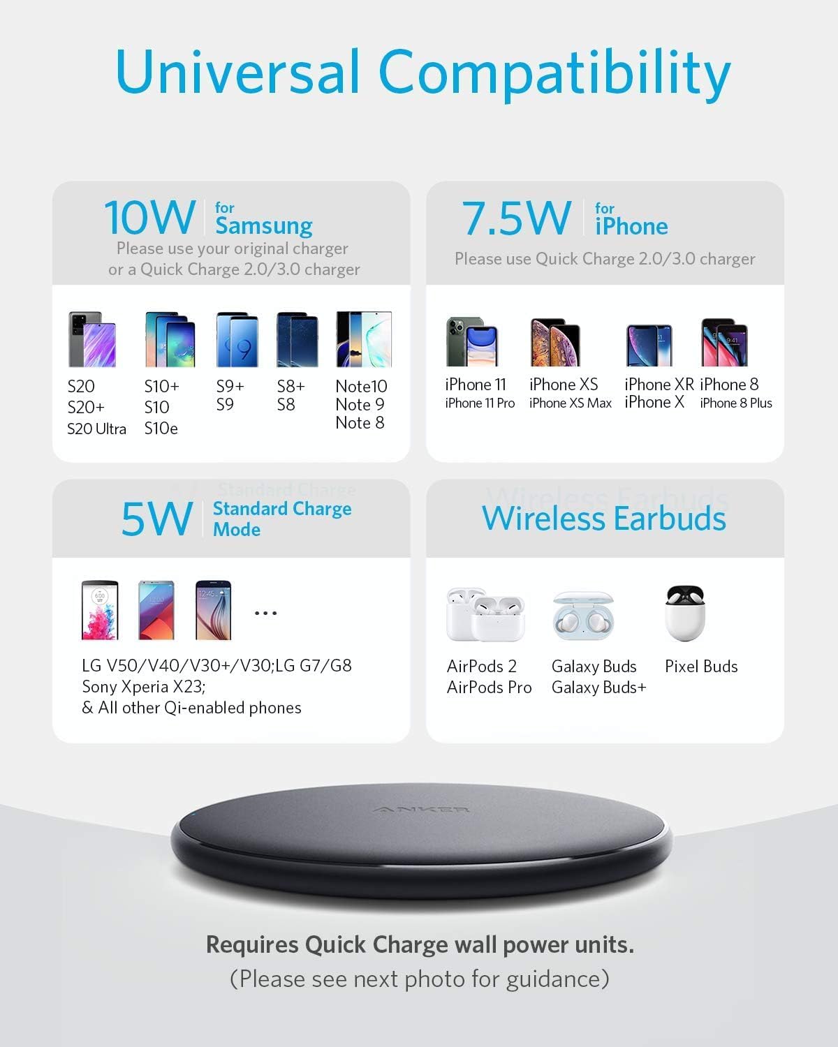 Anker 313 Wireless Charger (Pad), Qi-Certified, 10W Max Fast Charging for Samsung, Compatible with iPhone 16 Plus/15 Plus/14 Plus/12, AirPods (No AC Adapter, Not MagSafe Magnetic Charging Compatible)