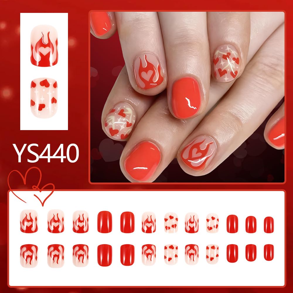 CEWEWP Valentine's Day Press on Nails Short Square False Nails with Red Hearts Flame Design Glossy Full Cover Red Glue on Nails Reusable Cute Holiday Nail Press on for Women Manicure 24Pcs