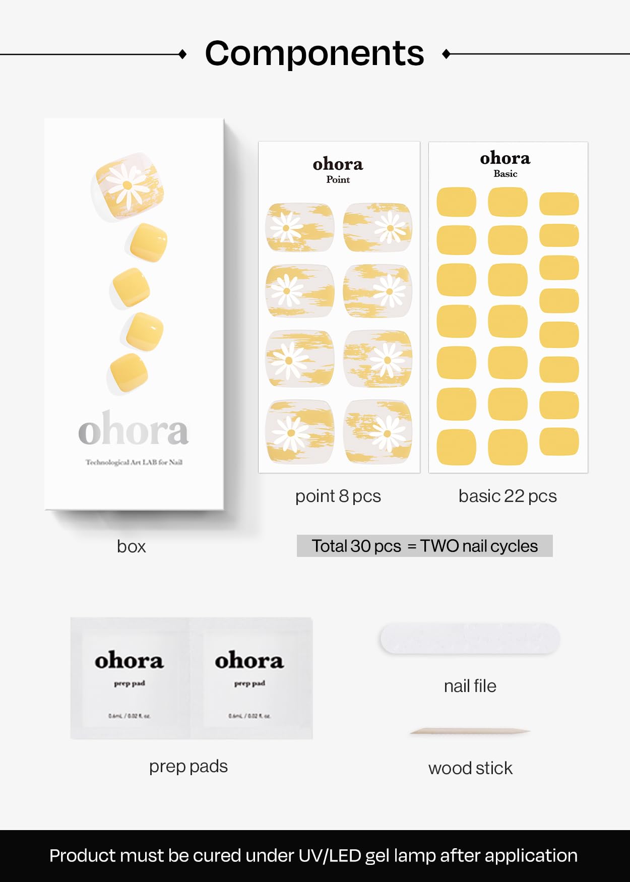 ohora Semi Cured Gel Pedi Strips (P Sun Daisy) - Yellow, Patterned, Works with UV/LED Lamps, Salon-Quality, Long Lasting, Easy to Apply & Remove - Includes 2 Prep Pads, Nail File & Wooden Stick