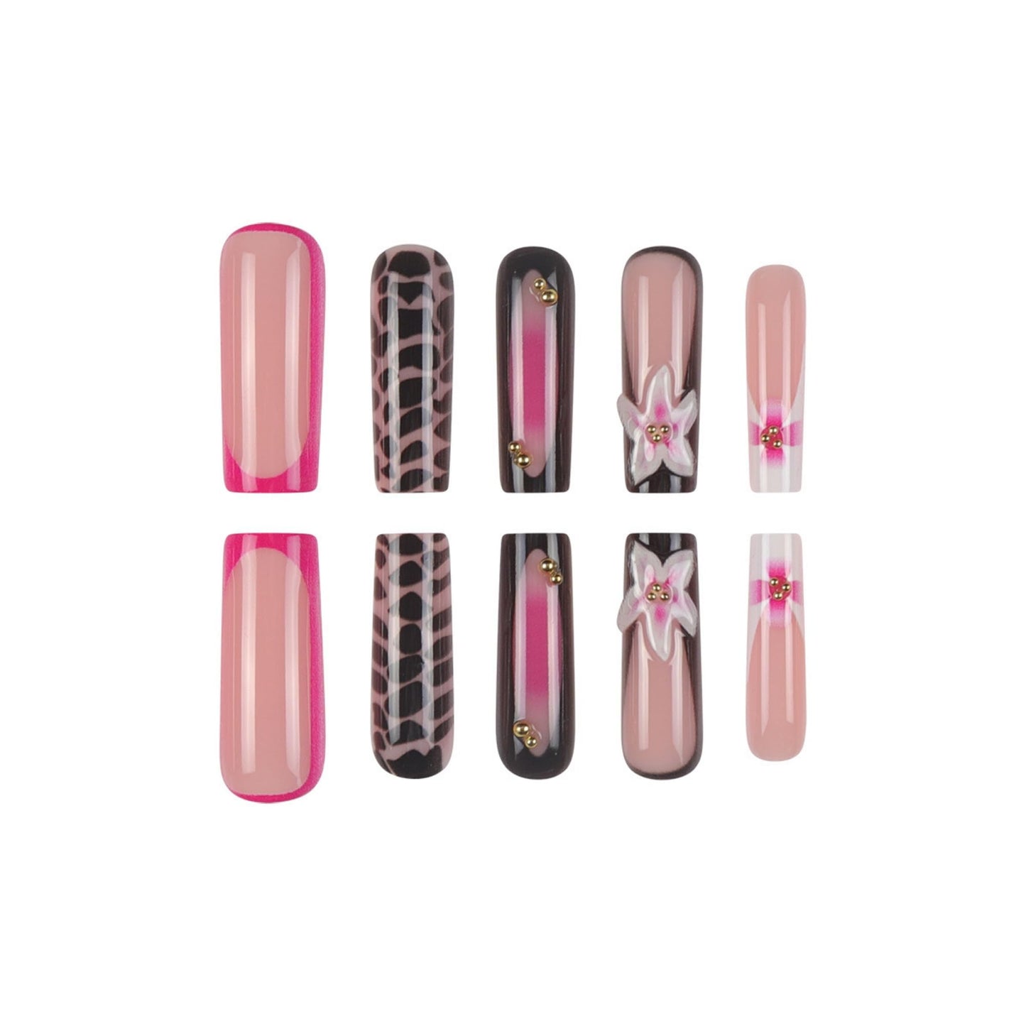 Press on Nails Pink Long Square with Flowers Stick on Nail 24pcs