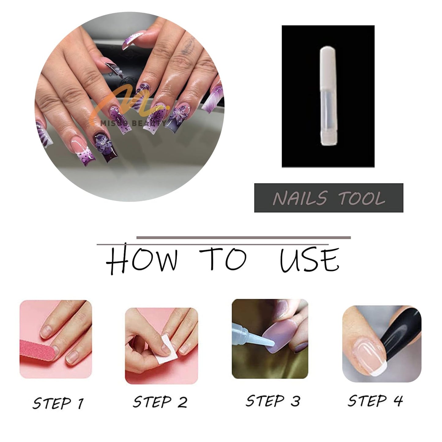 MISUD Press on Nails - Long Square Fake Nails with Purple French Tip, Acrylic Handmade 3D Gel Flower Design 24 pcs