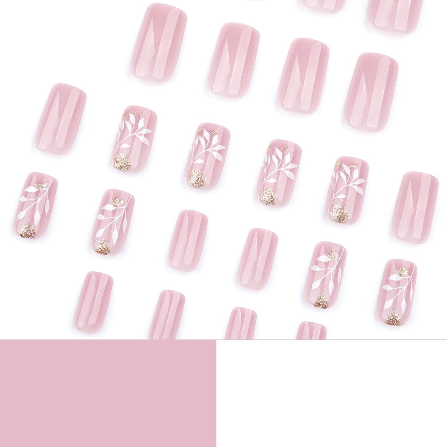 QQPPOLIU Pink Press-on False Nails,Square Glue-on Nails with Leaf Design,Short Stick-on Nails for Women and Girls