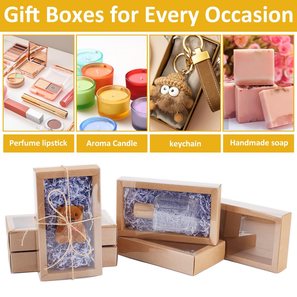 BENECREAT 12PCS Brown Kraft Gift Drawer Box, Plastic Lidded Gift Drawer Box with PVC Clear Window for Jewellery & Candy Gift Wrapping Party Favours, 5.5x2.76x1.18 Inch