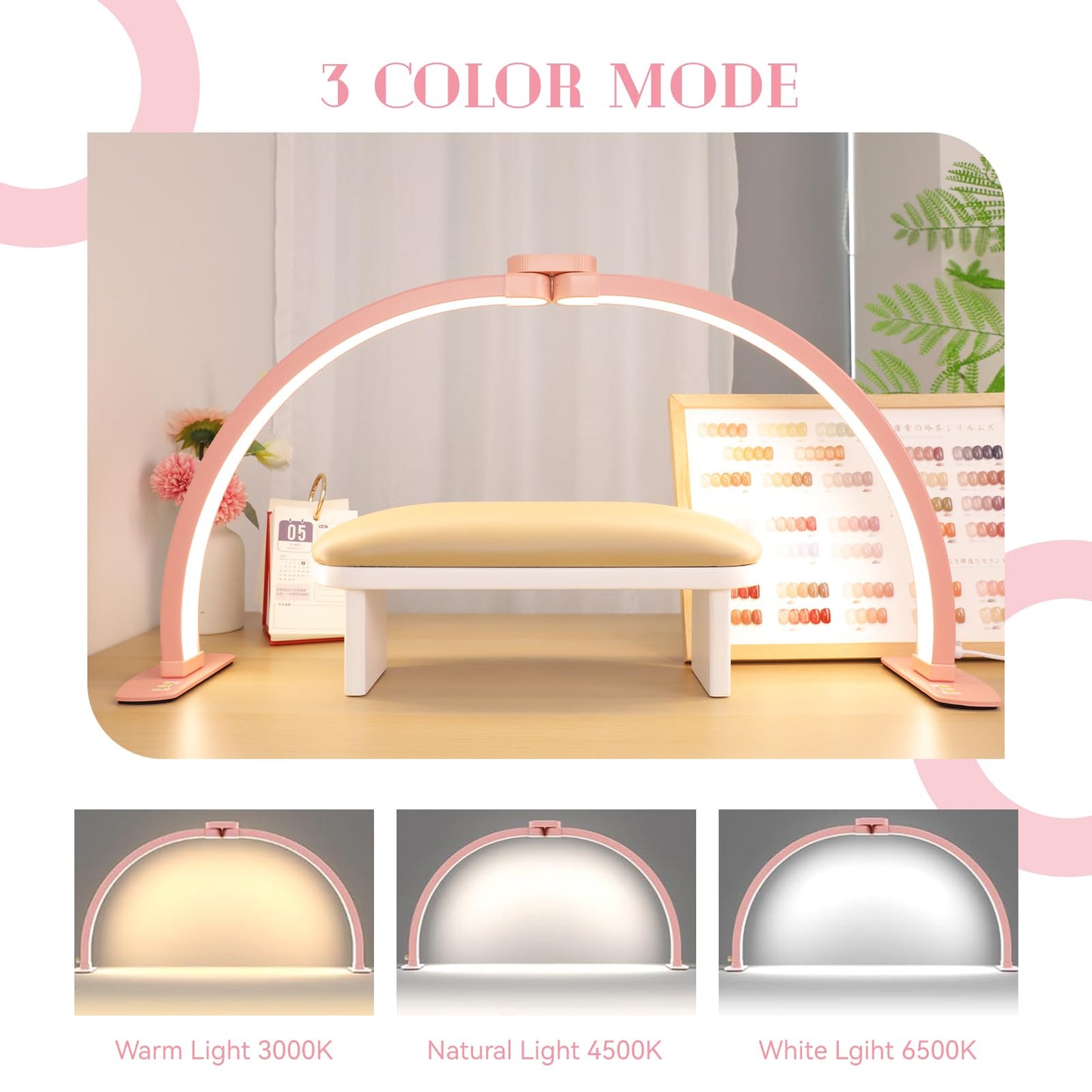 Kadden Foldable Large Half Moon LED Light for Table Nail Desk with Phone Stand, Upgrade Arch Light for Nail Techs with Wire Controller for Manicure Tattoo Beauty (Pink, Large)
