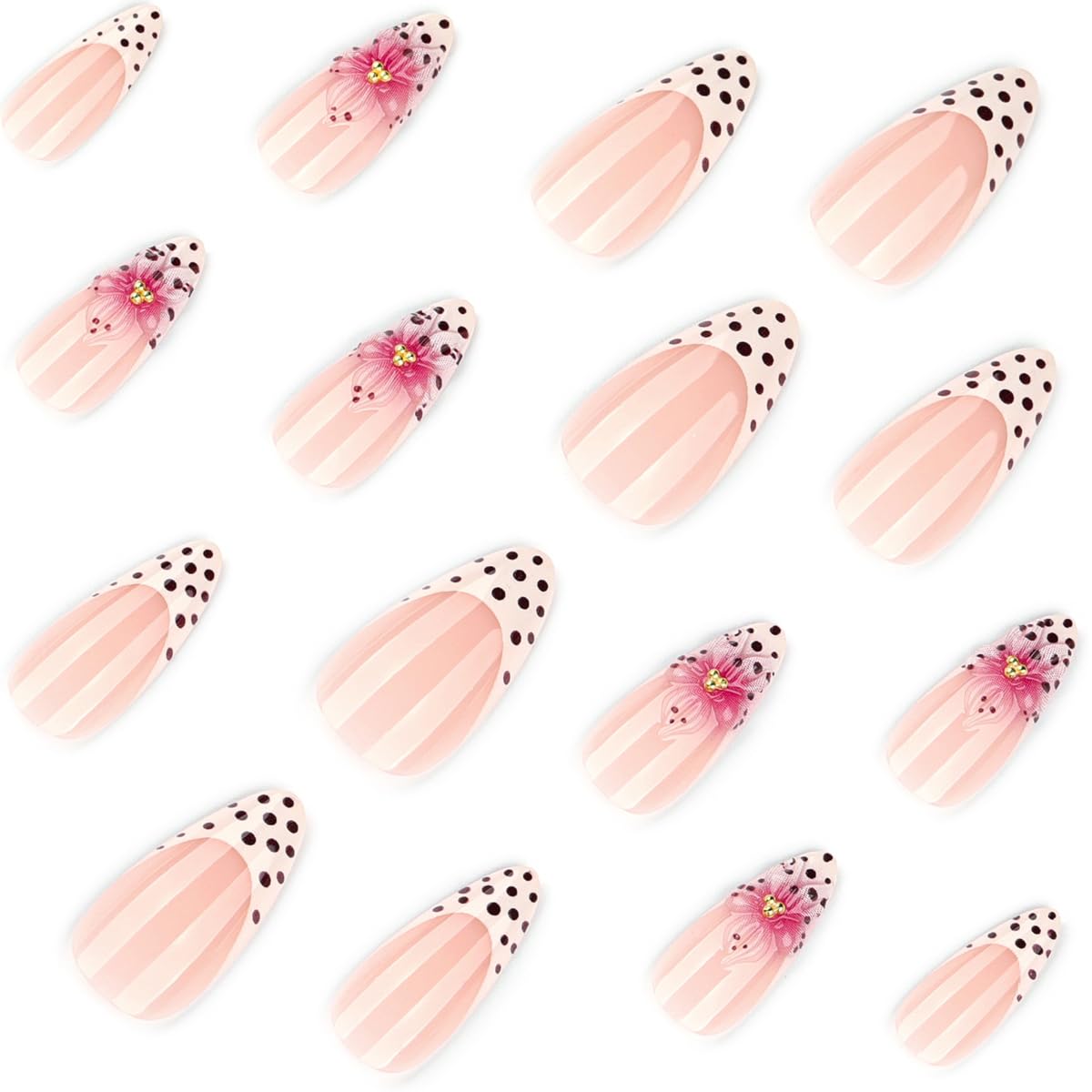 French Tip Press on Nails Almond, Medium Fake Nails with 3D Flower & Polka Dot Design, Soft Gel Nail Tips, Acrylic Nails Press ons, Reusable Full Cover Glue on Nails for Women 24Pcs