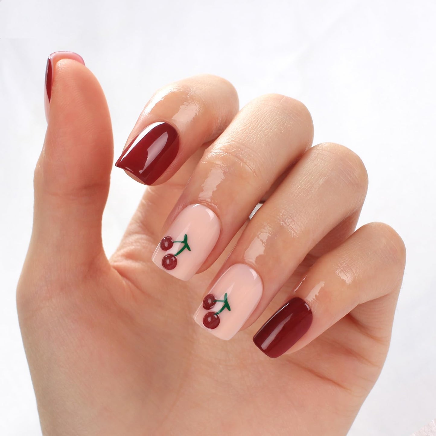 Mivota Cherry Press On Nails Short Square Shape Glossy French Tip Fake Nails with 3D Cherry Design, 30PCS Reusable Acrylic Stick On Nails, Cute Red & Pink False Nails for Women