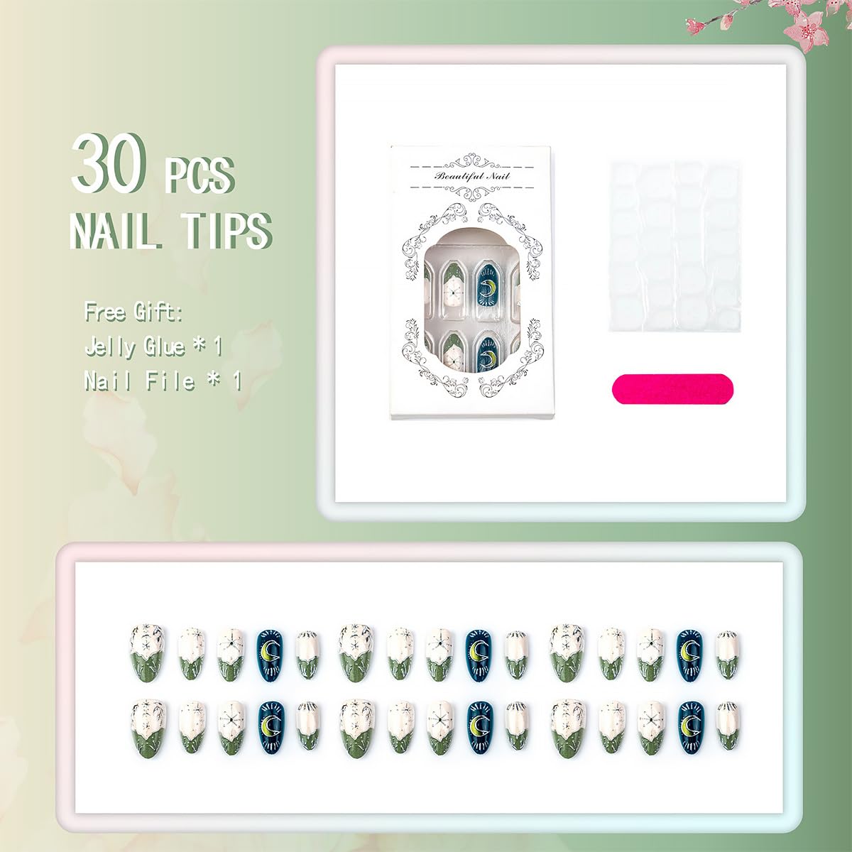 30Pcs Star Press on Nails Medium Almond Fake Nails Green French Tip False Nails with Gilding Moon Design Glossy Full Cover Artificial Glue on Nails Cute Stick on Nails for Women Acrylic Manicure Salon