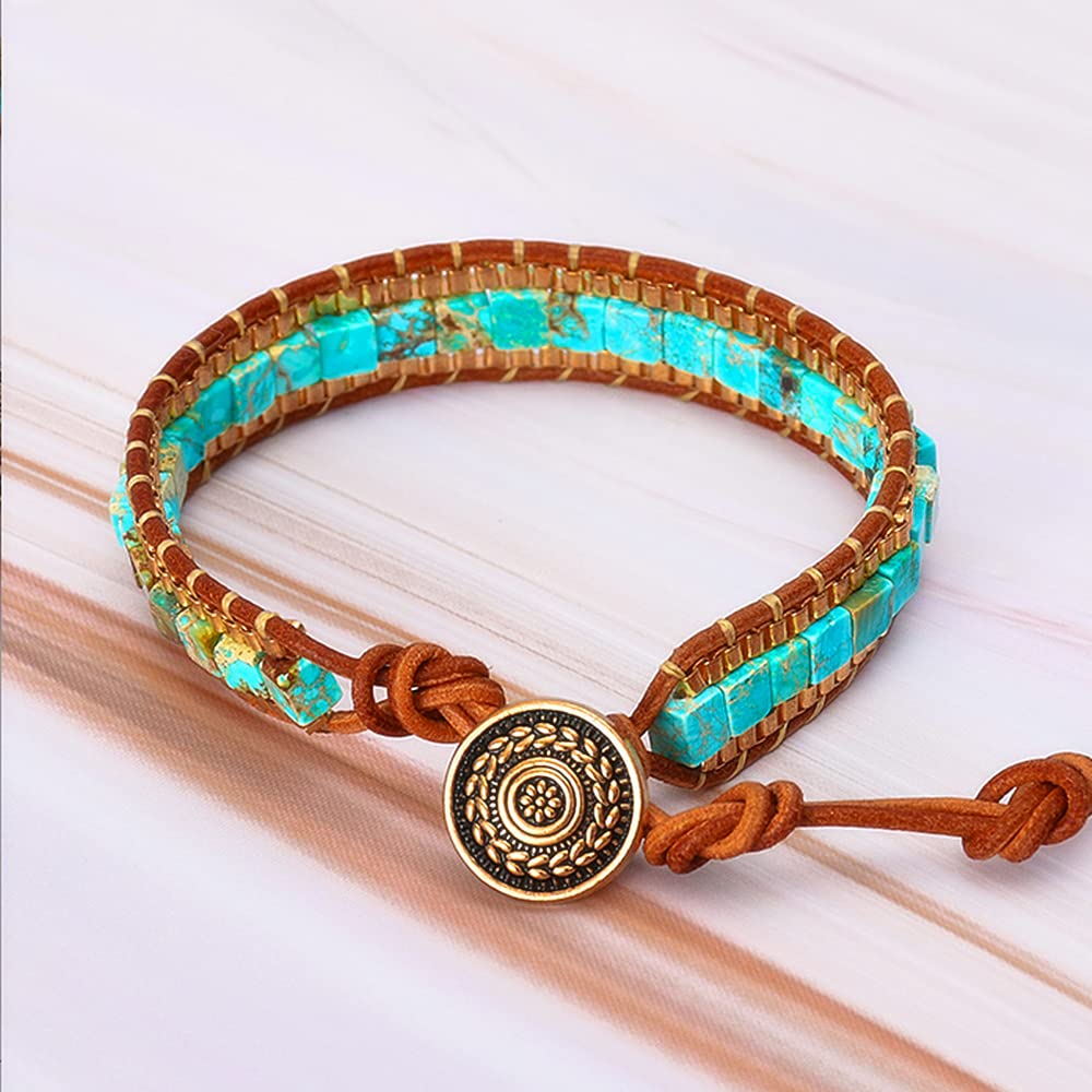 CJMILADO Mens Genuine Leather Bracelet - Handmade Adjustable Leather Cuff Bracelet punk Style leather wrap Wristband for Men (W-Turquoise Bead)