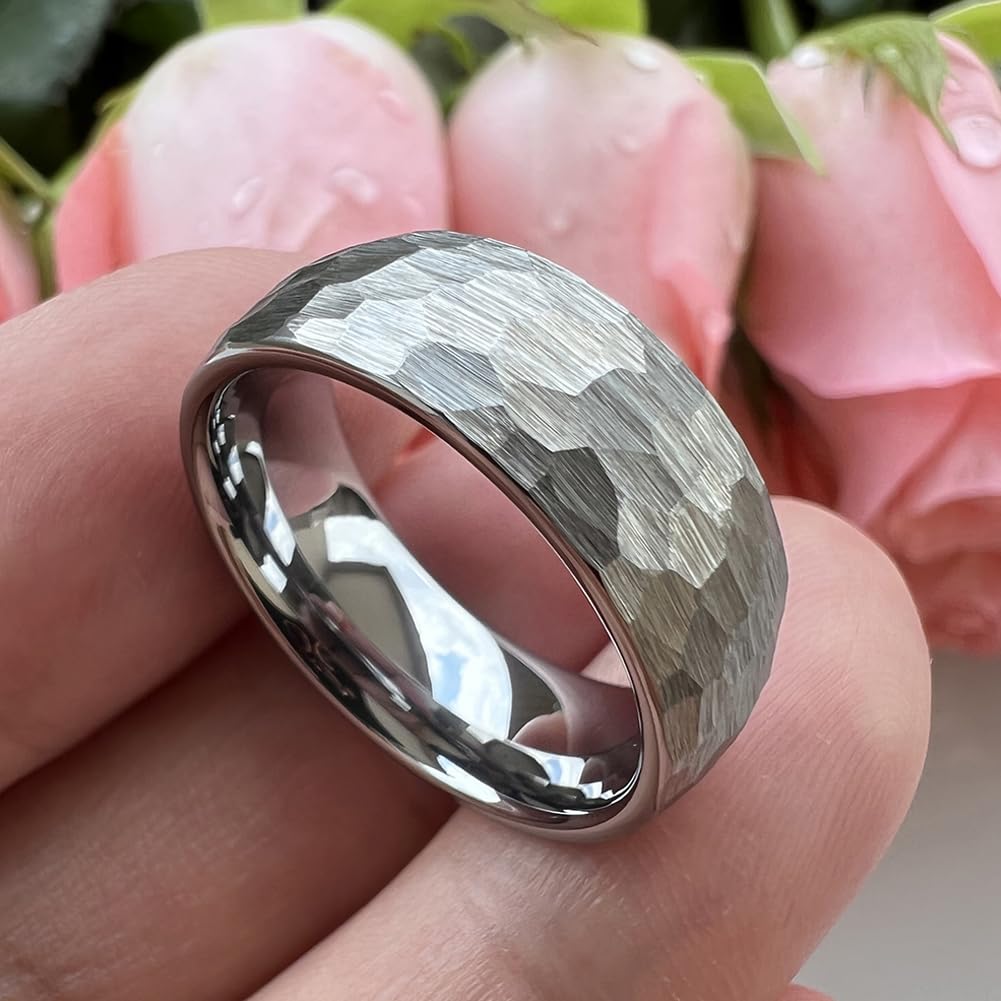 TUTISS 8mm Hammered Tungsten Rings for Men Women Fashion Engagement Wedding Bands Domed Matte Finish Comfort Fit Size 8
