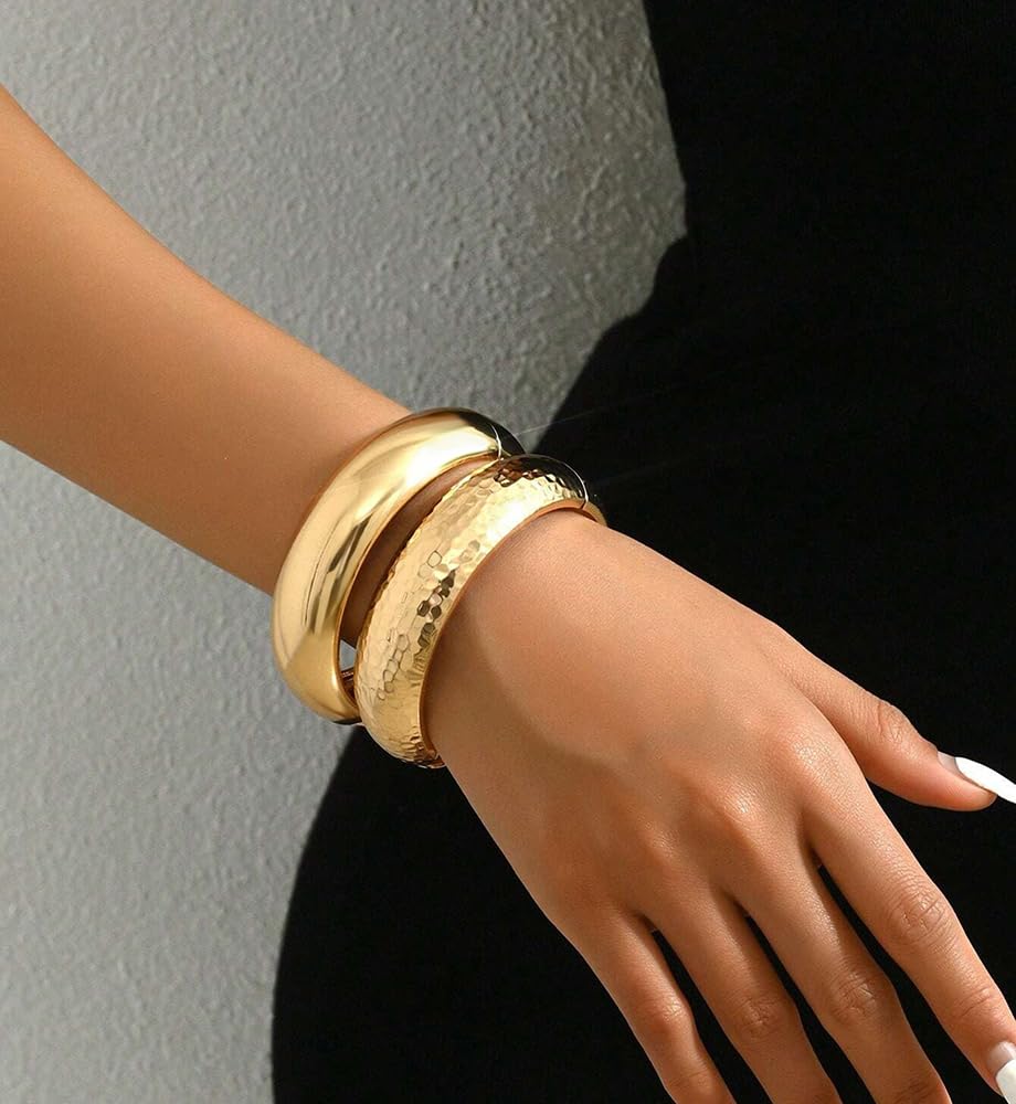 Chunky Gold Bangle Bracelets for Women, Dainty 14k Gold Plated Big Stackable Bangles Set, Trendy Statement Cuff Bracelet Stack Fashion Jewelry Gifts (2 Chunky bangles)