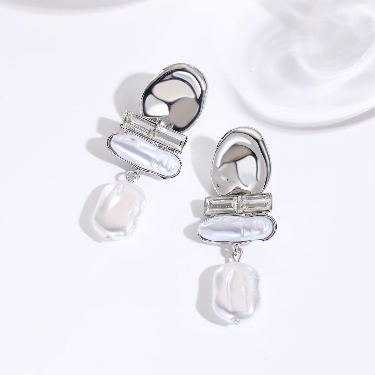 DONABUS Statement Pearl Dangle Earrings,large Pearls Vacation Earrings with Crystal,Party Jewelry Gift for Women (Silver tone)