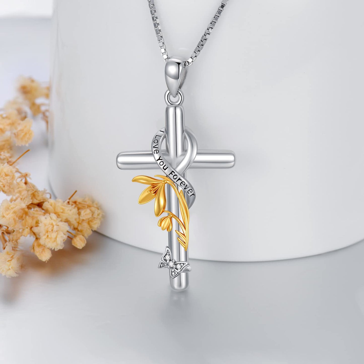 Flpruy Sterling Silver Birth Flower Necklace Birth Flower Cross Necklace Floral Pendant